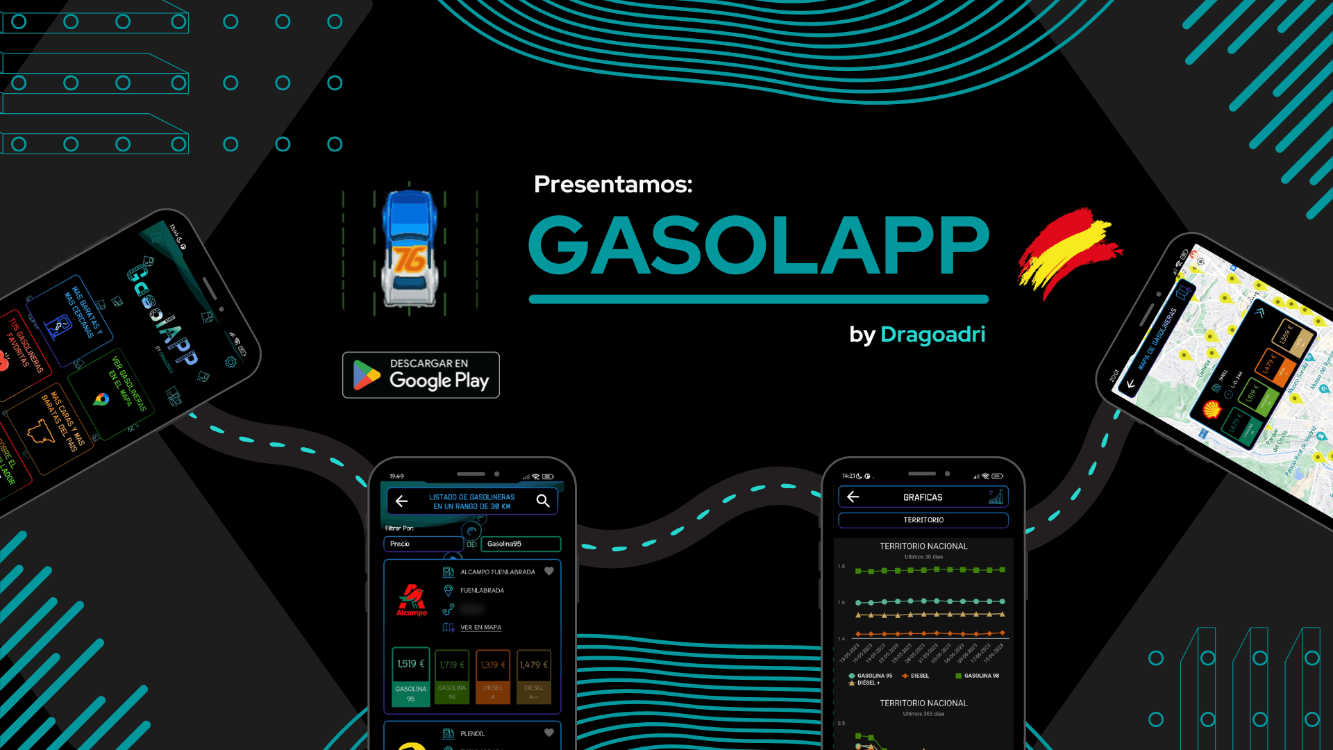 Cartel de lanzamiento de GasolAPP de 2023 con el logo turquesa y tres móviles