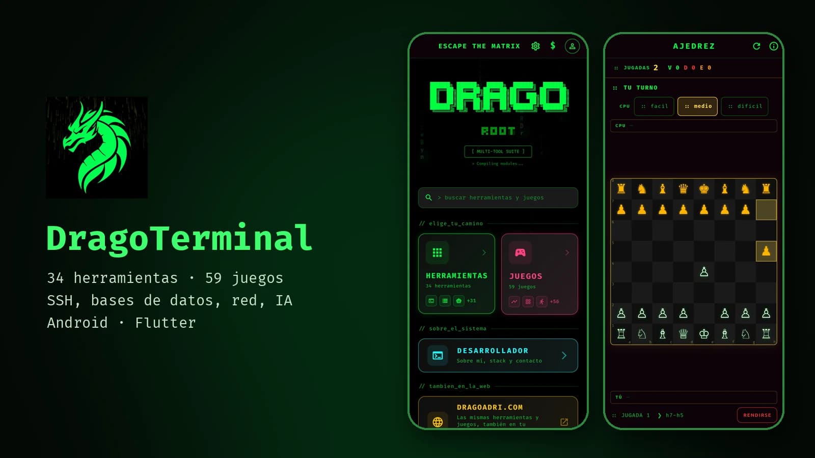 DragoTerminal: 34 herramientas y 59 juegos en una terminal Matrix