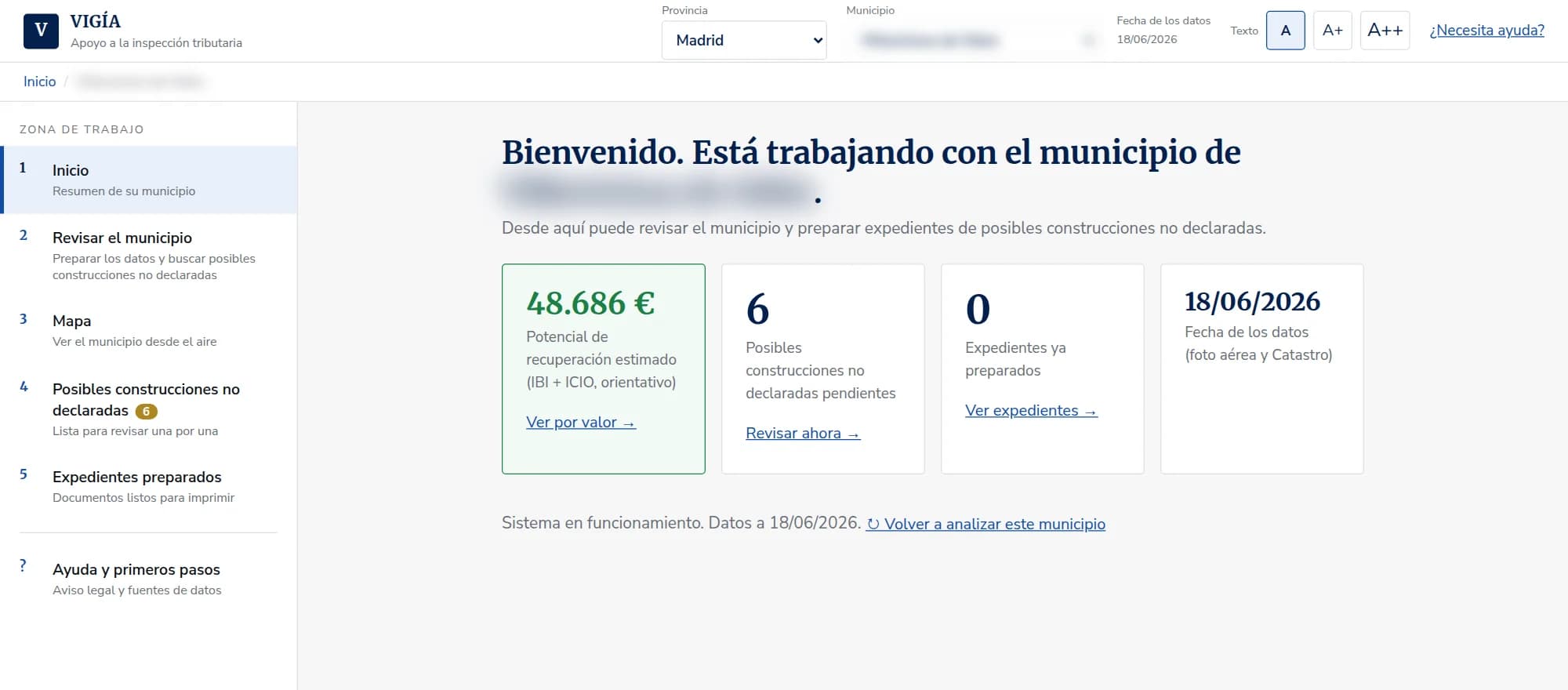 Pantalla de inicio de VIGÍA con el potencial de recuperación estimado, los casos pendientes y la fecha de los datos
