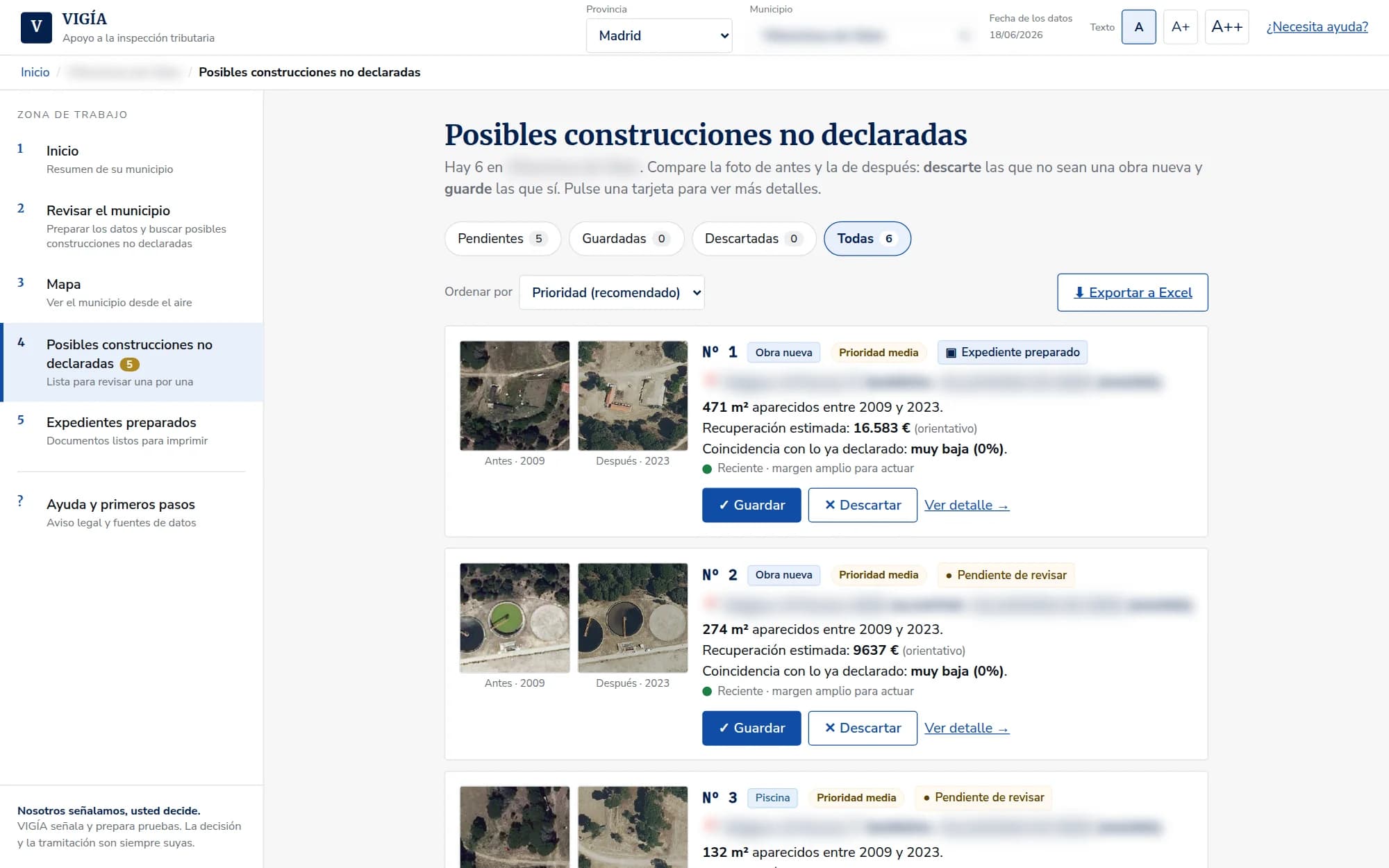 Bandeja de posibles construcciones no declaradas con fotos antes y después, tipo, prioridad y euros estimados