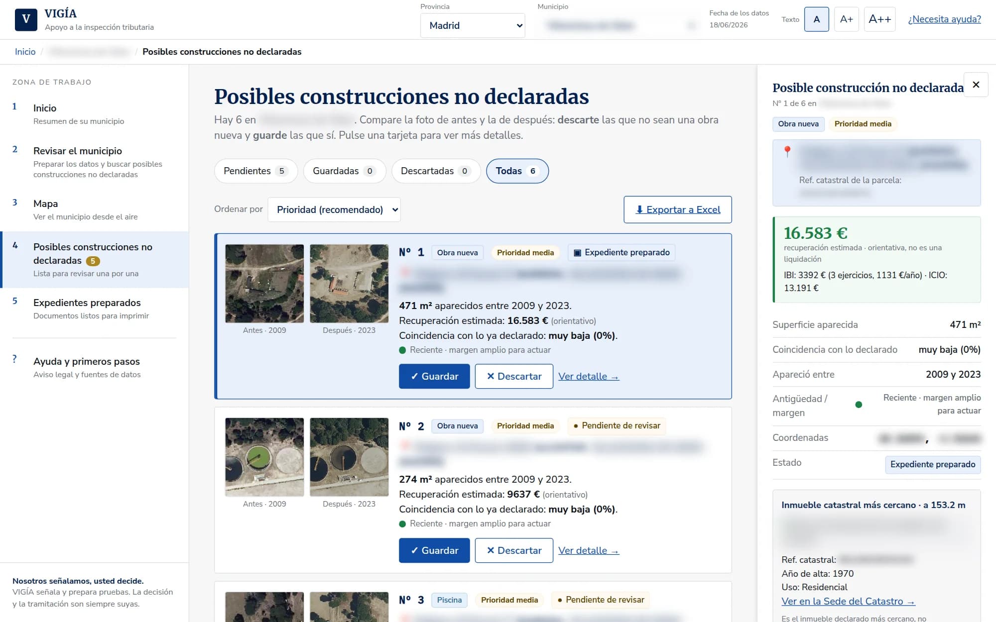 Ficha de detalle de un caso con valoración desglosada en IBI e ICIO, datos del cambio e inmueble catastral más cercano