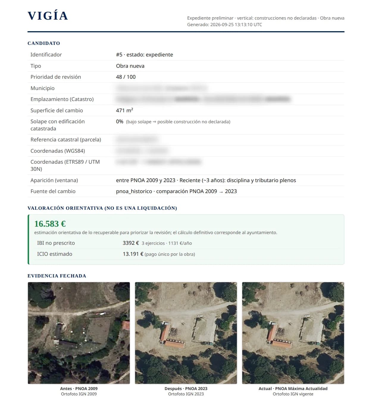 Expediente preliminar imprimible con datos del candidato, valoración orientativa y tres ortofotos fechadas
