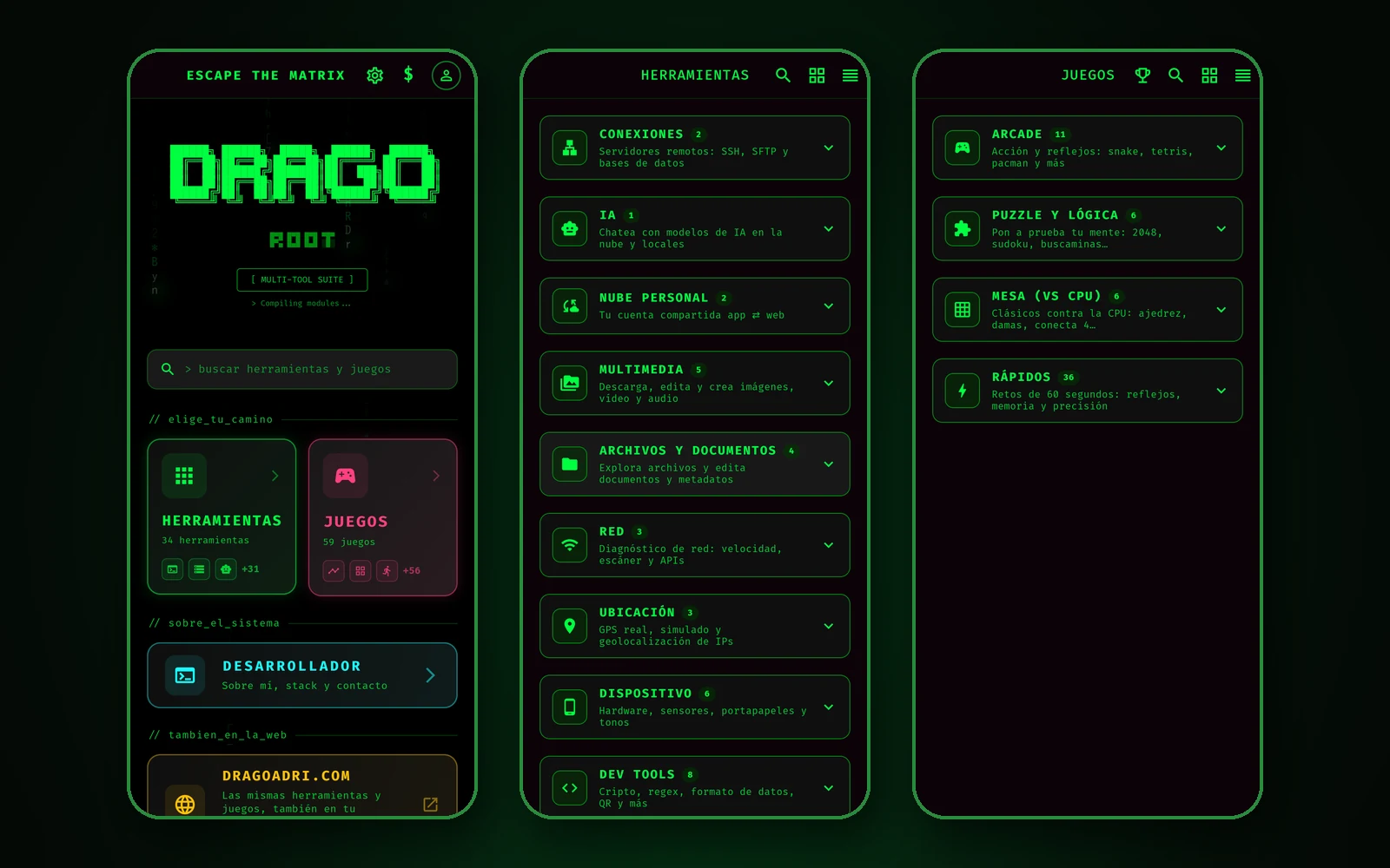 Inicio de DragoTerminal, el menú de herramientas por categorías y el de juegos