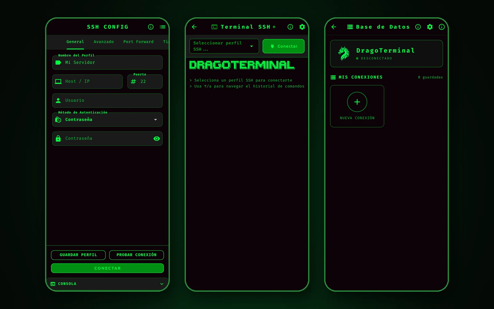 Perfil SSH, terminal SSH y gestor de bases de datos de DragoTerminal
