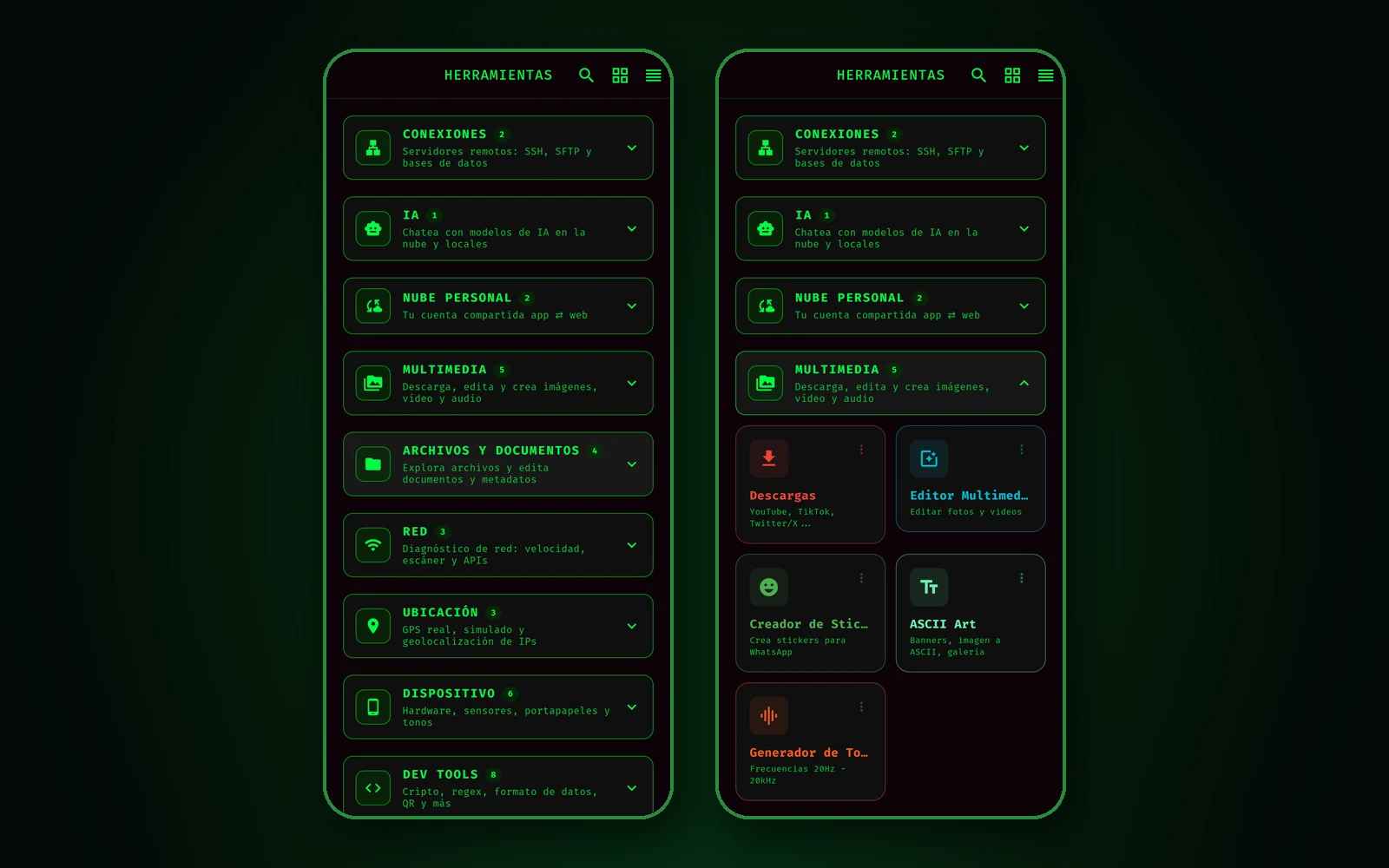 Herramientas de DragoTerminal agrupadas por categorías, con Multimedia desplegada