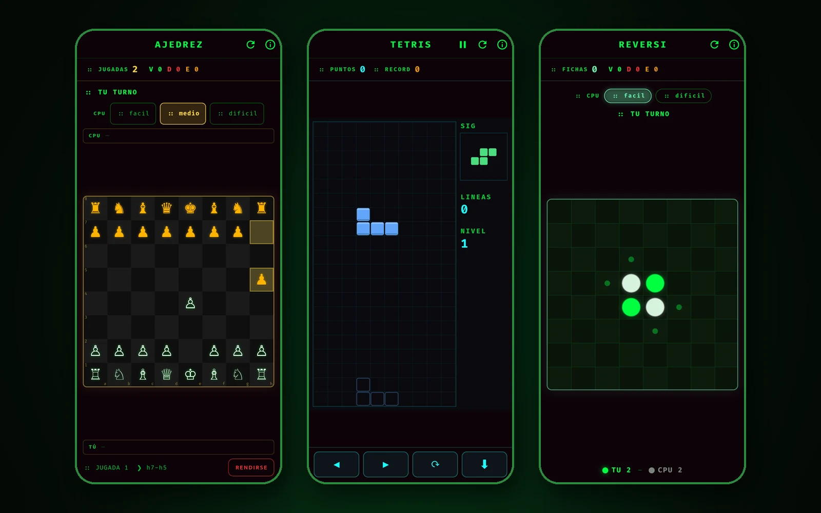 Ajedrez contra la CPU, Tetris y Reversi en el arcade de DragoTerminal