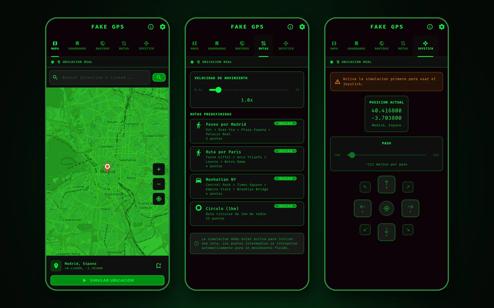 GPS simulado de DragoTerminal: mapa, rutas predefinidas y joystick